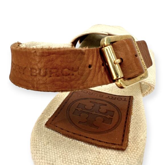 Tory Burch | Sz 6 | Cross-Front Canvas Low-Wedge Espadrille Leather Strap Sandal - Picture 8 of 10